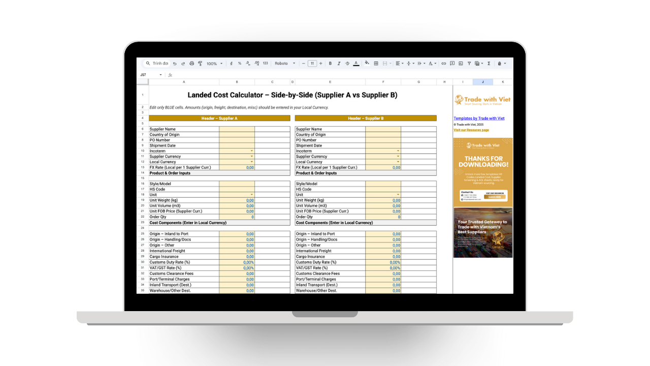 Preview — Landed Cost Calculator (side-by-side) template