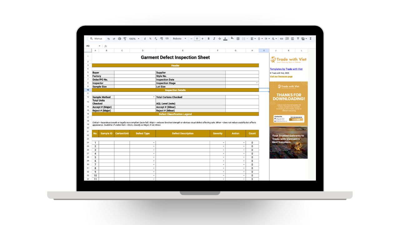 Preview — Garment Defect Inspection Sheet template