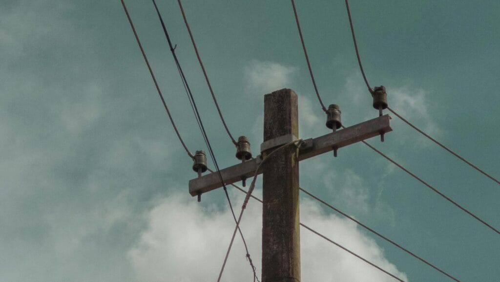 Utility pole with power lines and bird perched, representing Vietnam’s power grid and infrastructure challenges