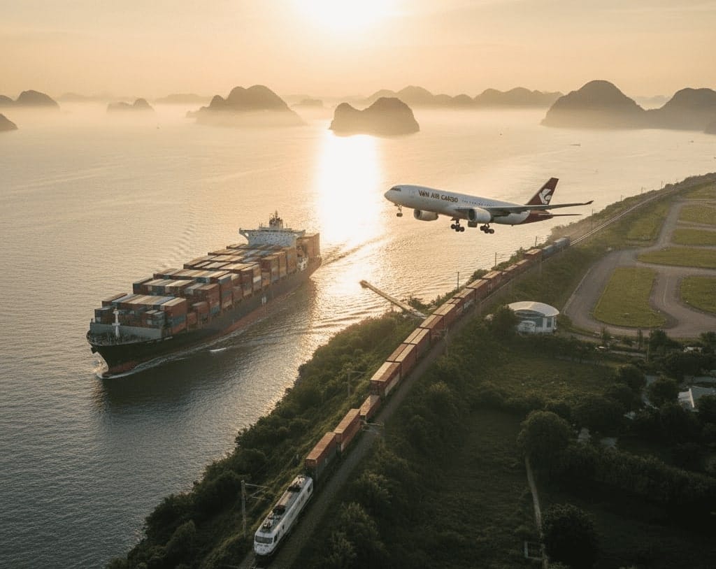 Cargo train, airplane, and container ship converging at sunset, symbolizing seamless global logistics and supply chain integration