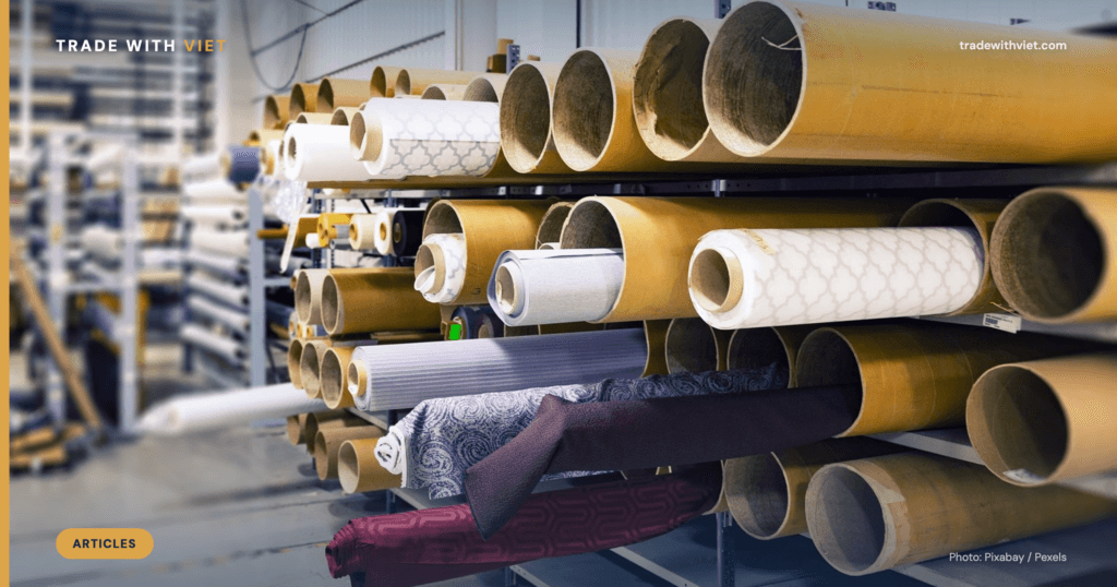 Textile fabric rolls in a garment factory