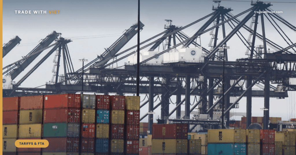 Container cranes and stacked shipping containers at a US import port